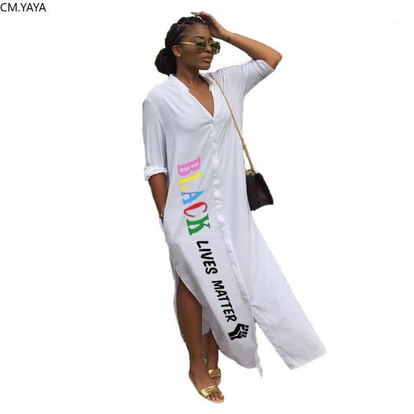 

cm.yaya women short sleeve black lives matter letter print side split slim maxi blouse shirts dress fashion long dresses1, Black;gray