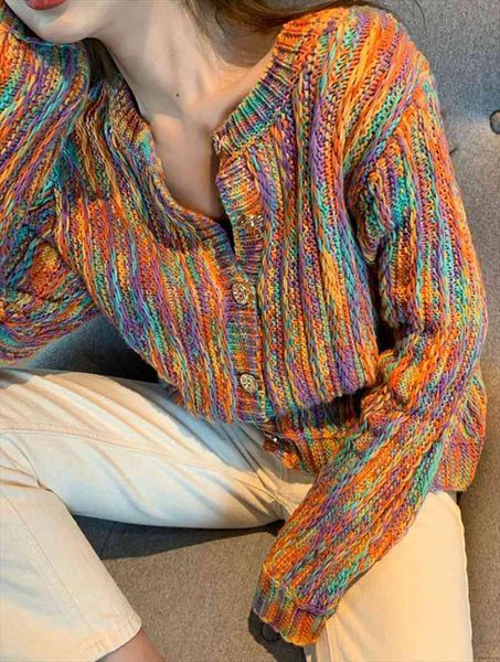 

rainbow cardigan autumn winter vintage contrasting color knit female loose o neck long sleeved knitted cardigans mujer, White;black