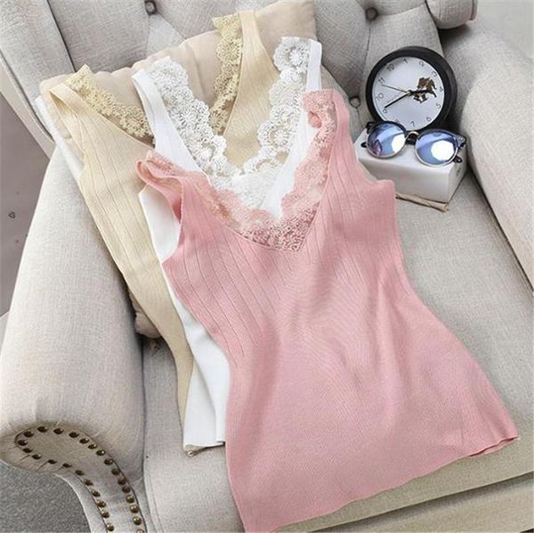 

alphalmoda women's slim knitting tank lace patchwork solid color all-matching summer casual drop shipping, White