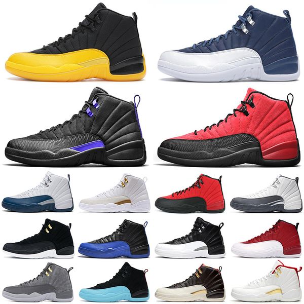 

mens 12s basketball shoes jumpman 12 university gold indigo reverse flu game royal dark concord black men trainers athletic sports sneakers