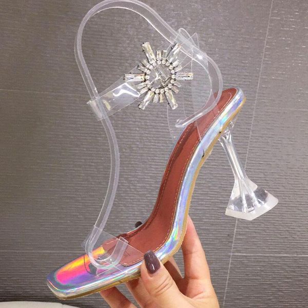 

sandals rhinestone sun flower design open toe ankle strap high heels women shoes crystal pvc transparent clear, Black