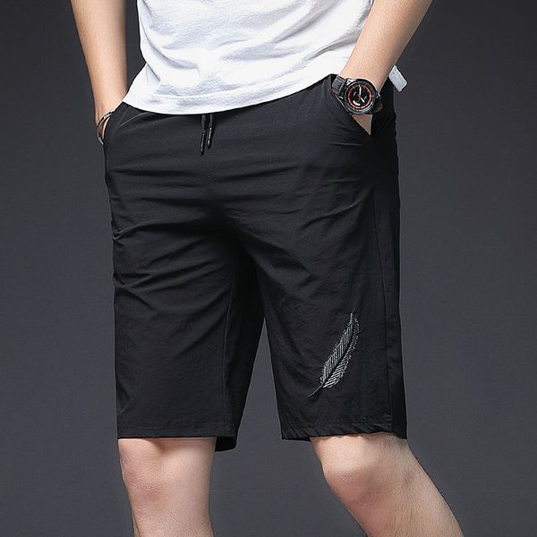 

mens summer shorts beach sport running male with size pocket bermuda masculina embroidery leaves sportwear elastic waist kg-135, White;black