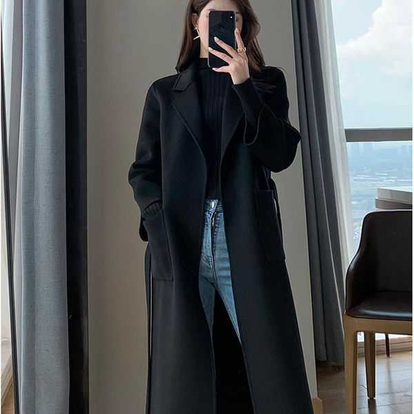

women's wool & blends double-faced cashmere coat women mid-length windbreaker autumn winter 100% lady overcoat mulheres casacos, Black