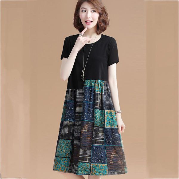 

2021 women's fashion dress chinese style summer dress o-neck knee long sleeve printed loose vintage dress#p30, Black;gray