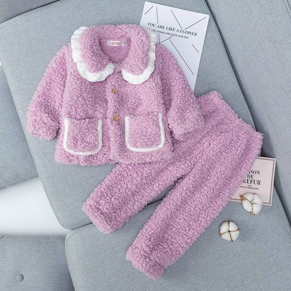

flannel pajamas autumn and winter girls' coral fleece thickened warm baby children's home wear long sleeve suit, White