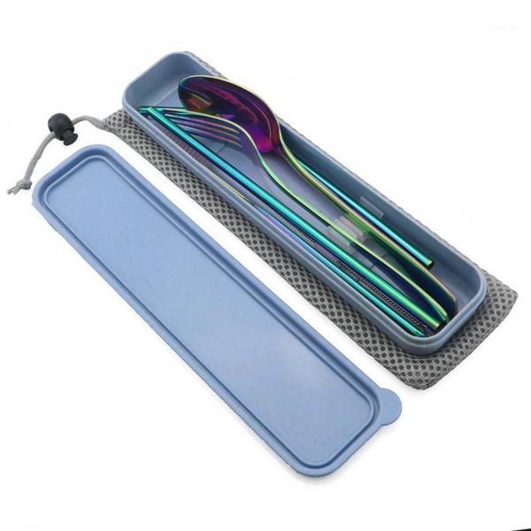

portable flatware set 8pcs stainless steel cutlery silverware sets rainbow knives forks spoons tableware set with straw box bag1
