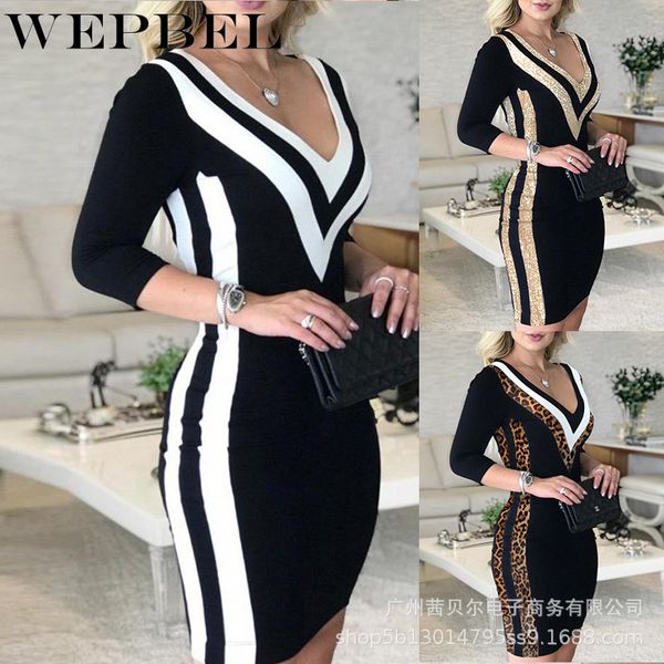 

women autumn elegant v neck patchwork pencil dress casual ladies long sleeve sequins skinny bodycon dress q1210, Black;gray