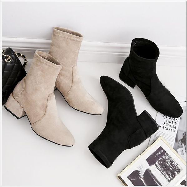 

2020 autumn and winter new korean fashion square head thick with ankle boots, Black