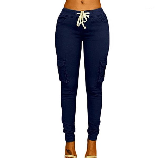 

2019 women elastic waist lace up pants skinny pencil sweatpants women casual pencil pants high waist multi-pocket1, Black;white