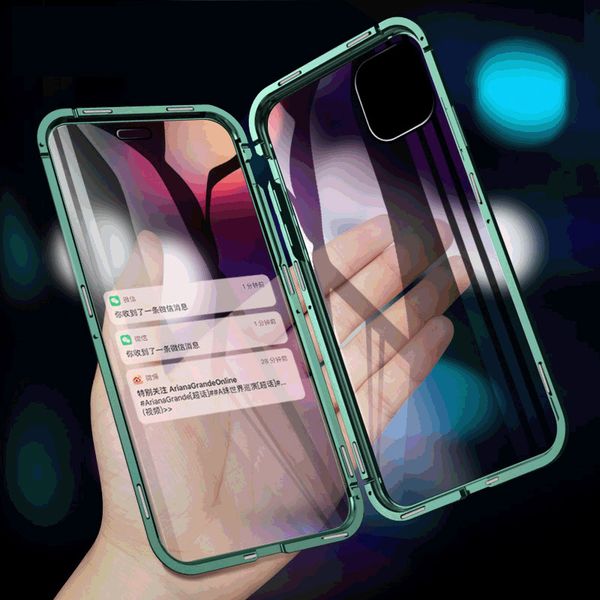 

360 магнитный металл роскошный корпус корпуса для iphone 11 12 mini pro max xr xs x 7 8 плюс se2020 двойной стеклянный крышка