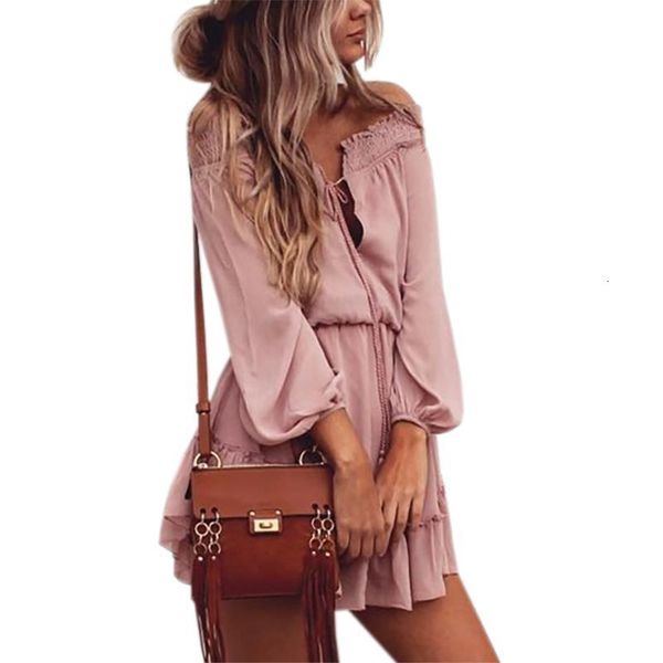 

summer boho chiffon dress slash neck lantern long sleeve beach dress women ruffle party vintage dresses, Black;gray