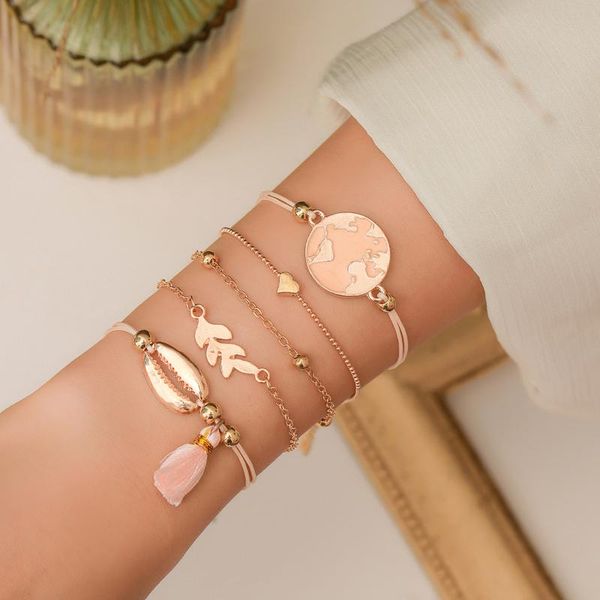 

european and american summer new jewelry metal shell wheat ear bracelet female tassel love 5-piece bracelet jewelry, Black