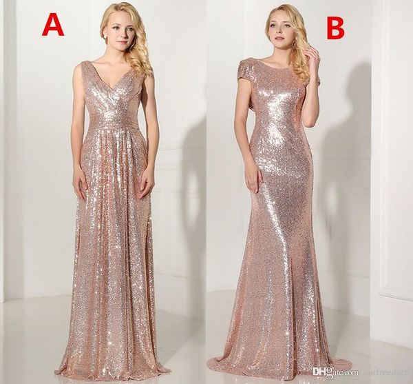 

real 2019 rose gold sequined long bridesmaid dresses v-neck pleated backless formal dress party vestido de festa longo sd349 sd347, White;pink