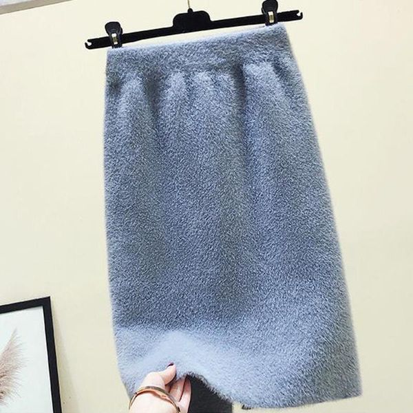 

pencil midi skirt 2020 stretchy korean-style lady casual split warm faux mink wool fleece knitted winter skirt women1, Black