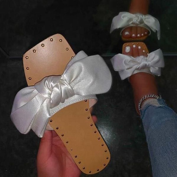 

cute design big size 43 bowtie band flat with slippers slip-on flip flop beach slides shoes square peep toe y1123, Black