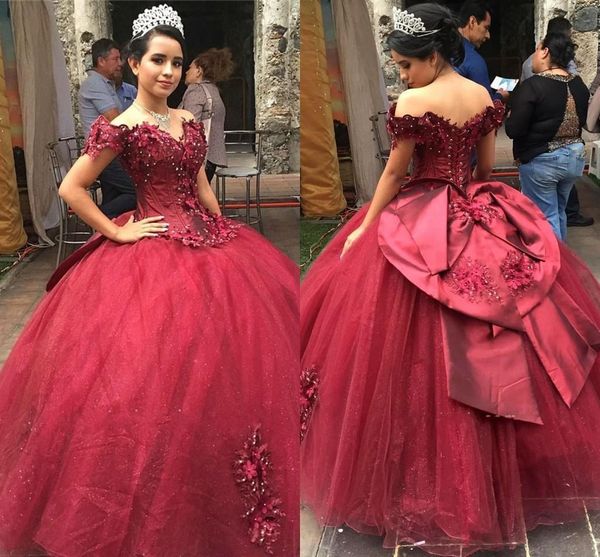 

dark red quinceanera dresses off the shoulder tulle satin lace applique beaded handmade flowers bow sweet 16 birthday party ball gown v13, Blue;red