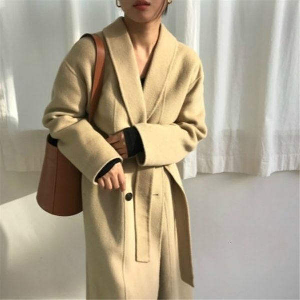 Coréia Mulheres Inverno Amarelo Longo Cashmere Casaco Slim Cintura Elegante Overcoat com bolso de cintura solta outerwear jaqueta 201218