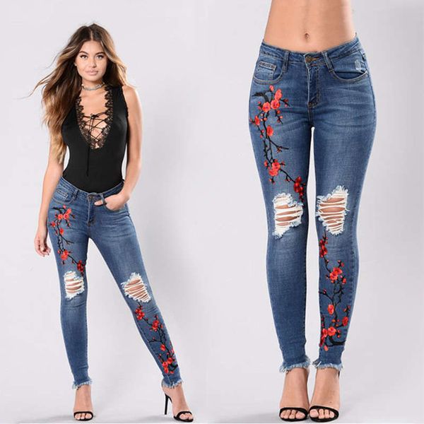 

new style denim jeans pants with holes embroidered and high elasticity, Blue