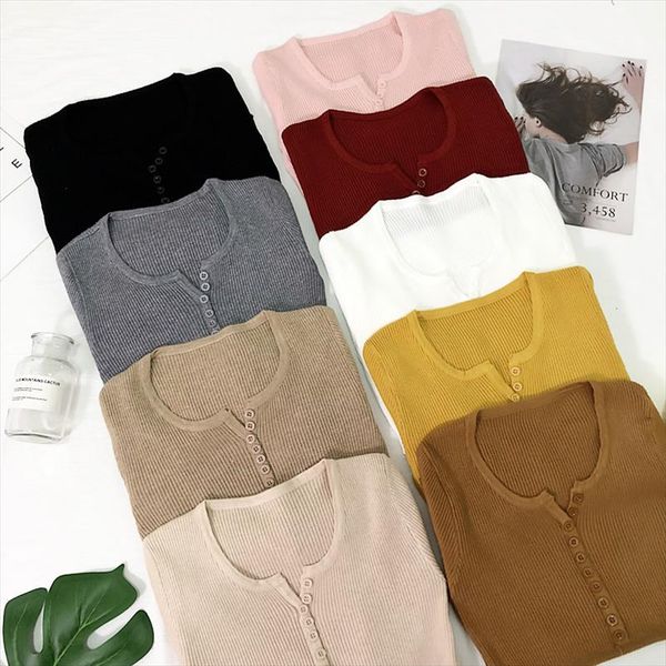 

new 2021 spring button v neck sweater women basic slim knitted pullover women sweaters and pullovers knit jumper ladies sweater, White;black