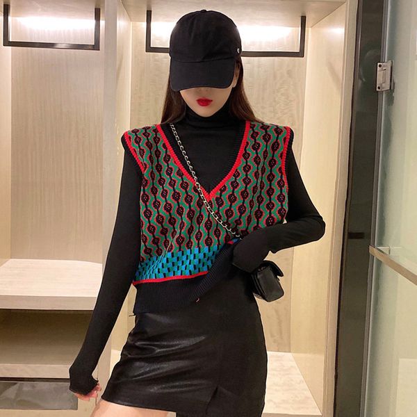 

autumn sweater vest women vintage knitted sweater coat oversized waistcoat sleeveless korean fashion crop pullover outwear 201028, Black;white