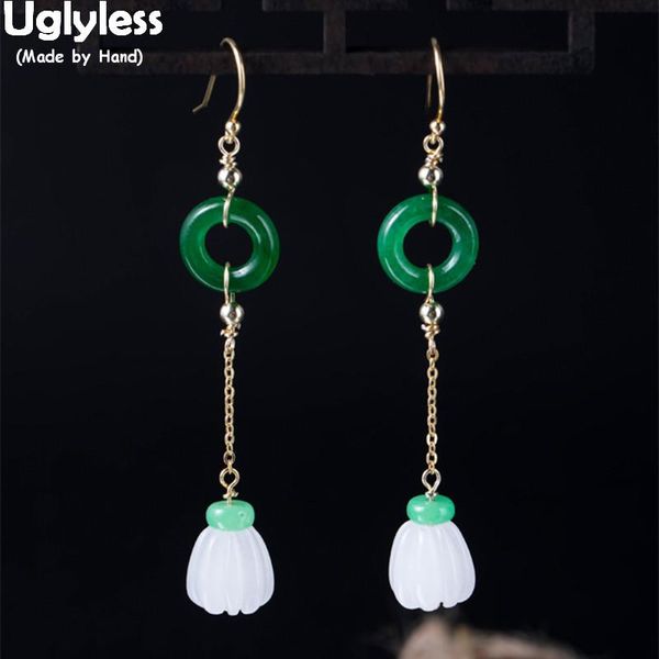 

uglyless 100% real 925 sterling silver natural jade buttons earrings for women handmade gemstone pumpkin dangle earrings gold