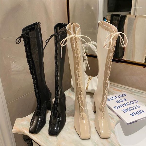 

yuxinag 2020 knee high mesh boots for womens shoes autumn boots med heels hollow-out rome style lace up net booties1, Black