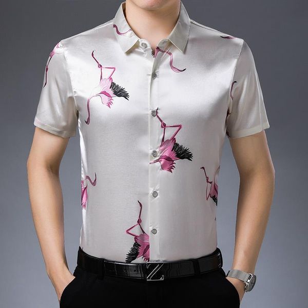 

mens satin summer dress 2020 white silk shirts for mens plus size clothing fashion mens bird shirts large sizes casual blouse, White;black