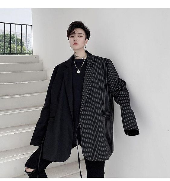 

men's wear autumn new double half stitching striped strings bandage blazers niche design loose suit jacket male, White;black