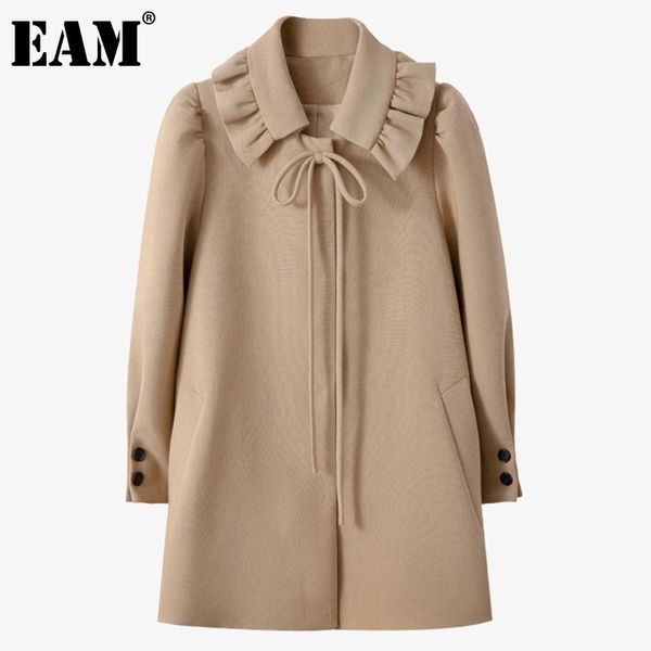 

women's wool & blends [eam] loose ruffles bandage bow covered button woolen coat parkas long sleeve women fashion tide autumn winter 20, Black