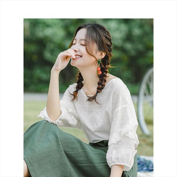 

inman summer o neck literary embroidery loose casual all matched half sleeves women shirt drop shipping good quality, White