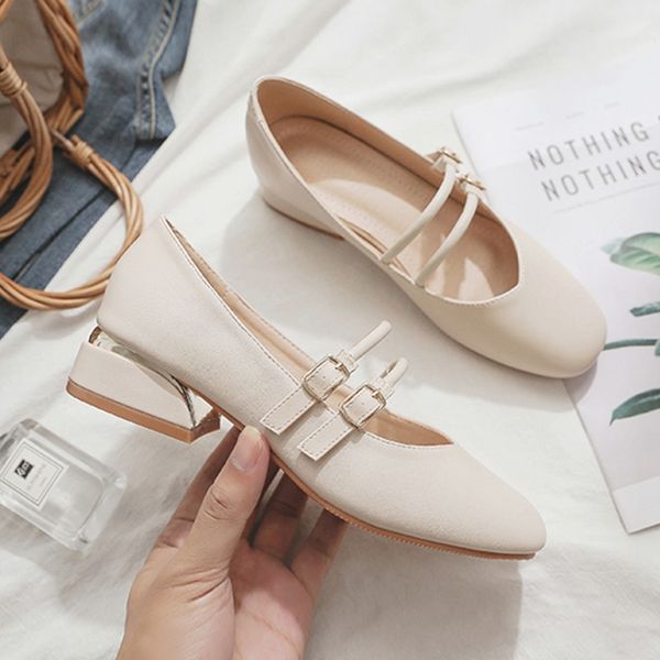 

chic buckle mary jane loafers women mid heel shoes round toe comfortable slip-on beige women pumps office shoes, Black
