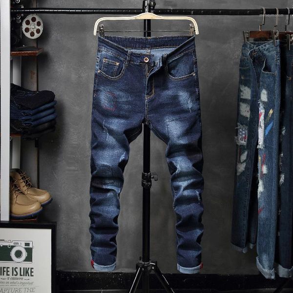 

2018 men jeans spring autumn skinny washed casual men denim jeans geometric distressed pleated retro mens denim slim pants1, Blue