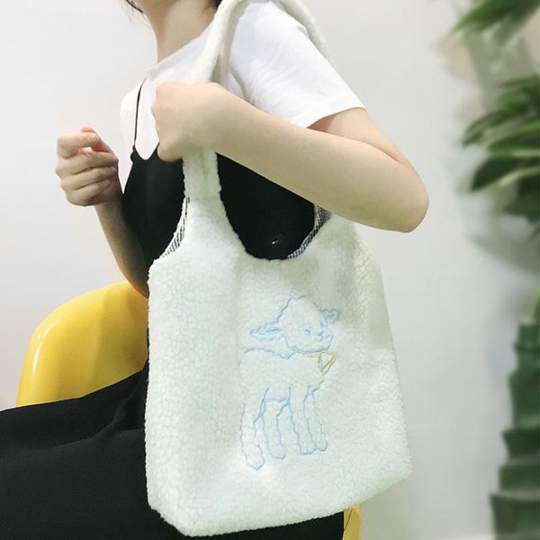 

gavingg cross body women lamb like fabric shoulder bag simple canvas handbag tote large capacity embroidery shopping cute book bags for girl