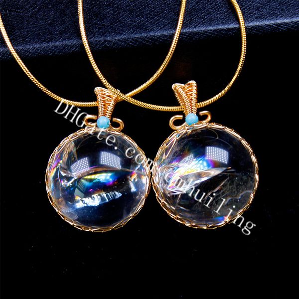 5pcs Gold Tone Wire 30mm Rainbow Cancella Quartz Crystal Ball Sphere Orb Macrame Collana pendente Collana Gioielli Reiki Handmade Boho Avvolto Pietra preziosa avvolta