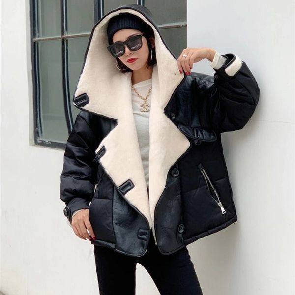

2021 winter women's down jacket thick real sheepskin leather and sheep fur coat casaco feminino1, Black