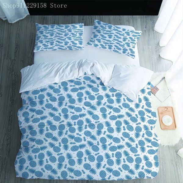 

bedding sets 3pcs small pineapple picture set polyester fabric  comforter white blue pillowcases king size bed sheet