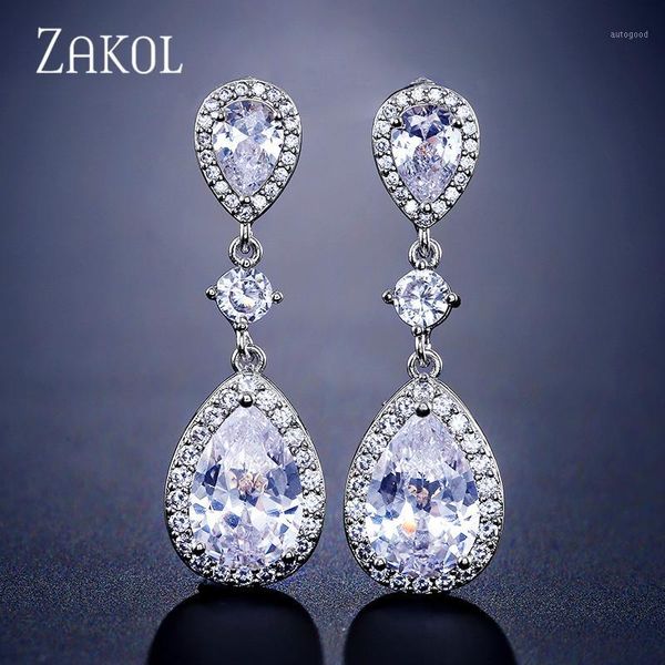 

dangle & chandelier zakol classic water drop shaped cubic zirconia crystal bridal earrings wedding jewelry for brides bridesmaid fsep22881, Silver