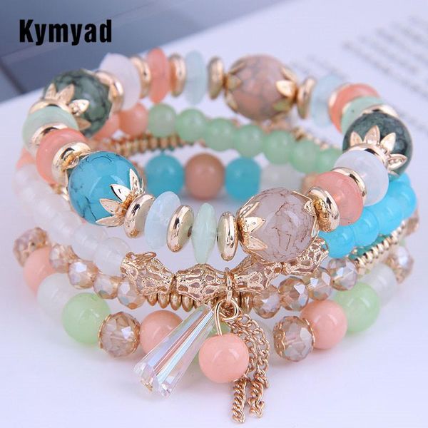 

charm bracelets kymyad 4pcs/set bohemia crystal stone for women bijoux tassel chains beaded bracelet femme jewelry, Golden;silver