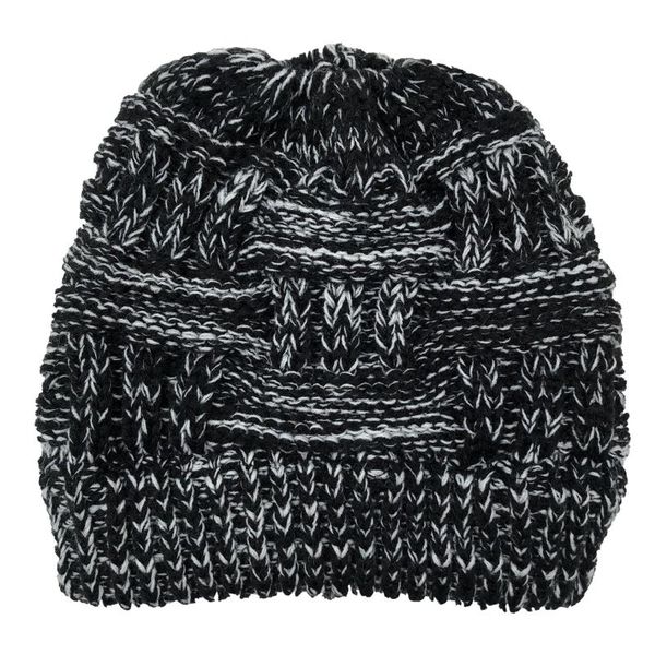 

women chunky plaid knitted beanie hat with hole solid color skull cap, Blue;gray