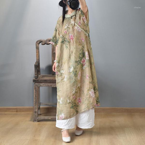 

party dresses johnature women ramie vintage print floral 2021 summer stand short sleeve chinese style female a-line dresses1, White;black