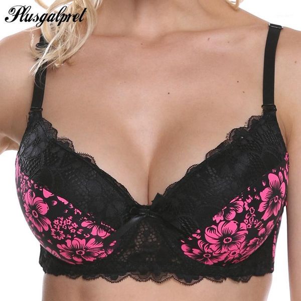 

bras plusgalpret women bra floral printing no-padded unlined push up 3/4 cup adjusted-strap plus size 40b 40c 42b 42c 44b 44c 46b 46c1, Red;black