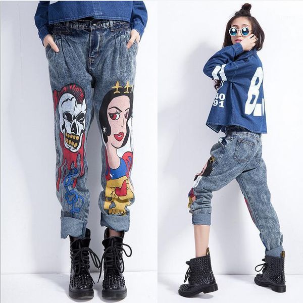 

fashion new cartoon printed skull summer cute jeans trousers ladies pants1, Blue