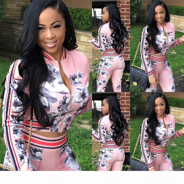 

women hoodies zipper up pink print floral set fashion street women + long pants 2 pieces, Gray