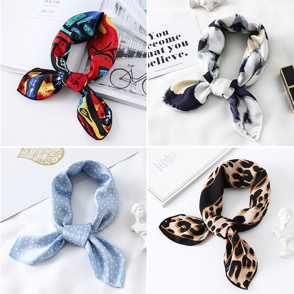 

2020 small silk hair scarf women foulard neck wrap 50cm square kerchief soft bandana leopard print lady head band scarves tie t200910, Blue;gray
