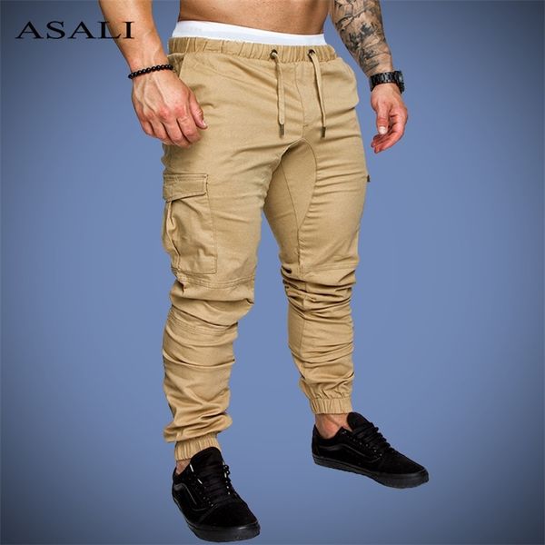 

asali solid sweatpants men joggers multi-pocket pants autunm new fashion long trousers male elastic waist men's sportswear 201113, Black