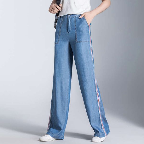 

summer 2020 new tencel jeans wide leg straight floor women's pants 80227, Black;gray