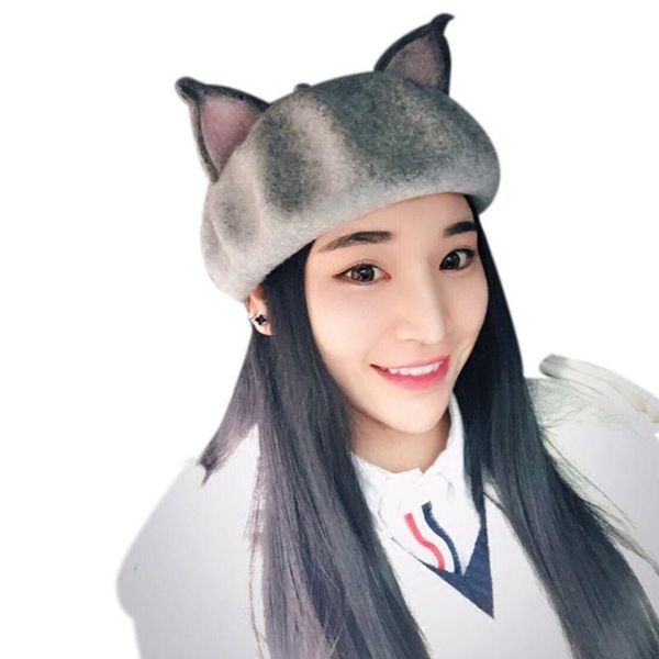 

women girls retro beret cap cute 3d pointed ears faux felt painter hat, Blue;gray