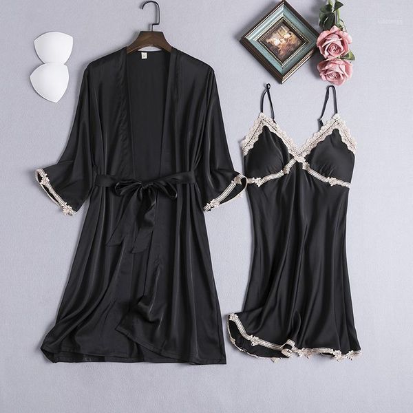 

women winter autumn robe gown sets nightwear 2pcs silk bath gown thin dress solid color sleepwear female home clothing1, Black;red