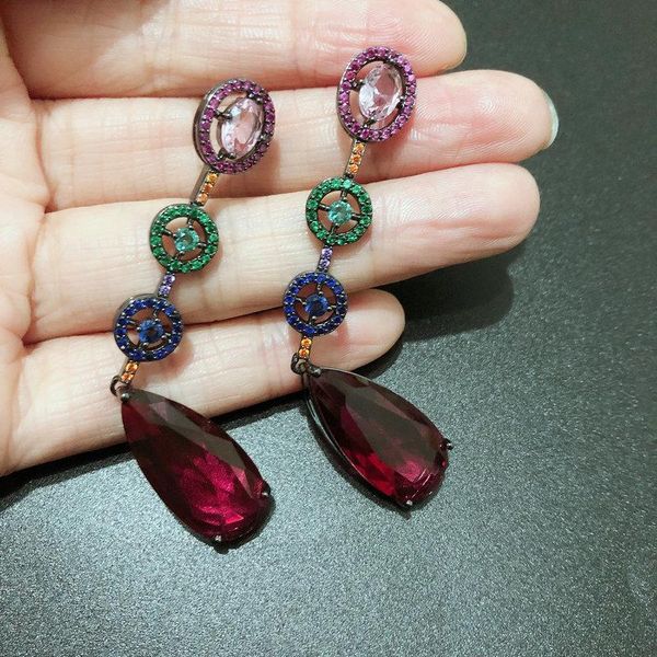 

Bilincolor Cubic Zirconia Red Vintage Long Drop Earring Wedding Bridal Jewelry for Women, Silver
