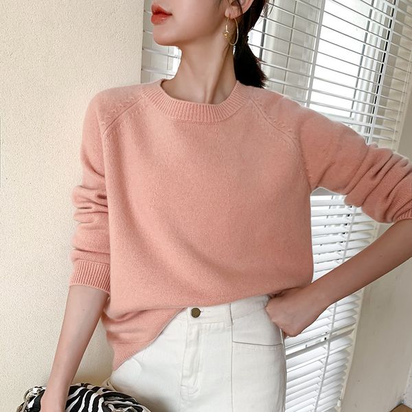 

women sweater 100% pure wool knitting jumpers loose style long sleeve oneck pullovers female woolen clothes lj201112, White;black